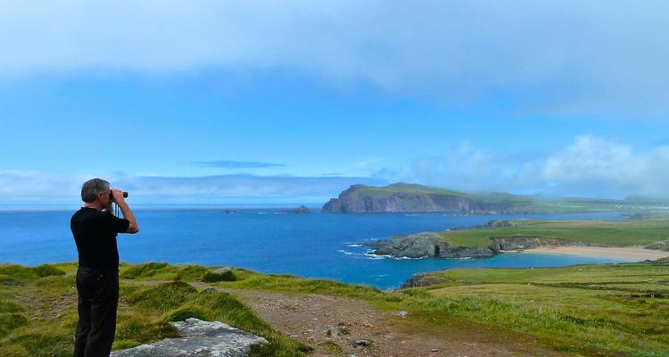 Un visiteur solitaire observe les falaises spectaculaires de l'Atlantique et les criques turquoise depuis un promontoire herbeux irlandais.