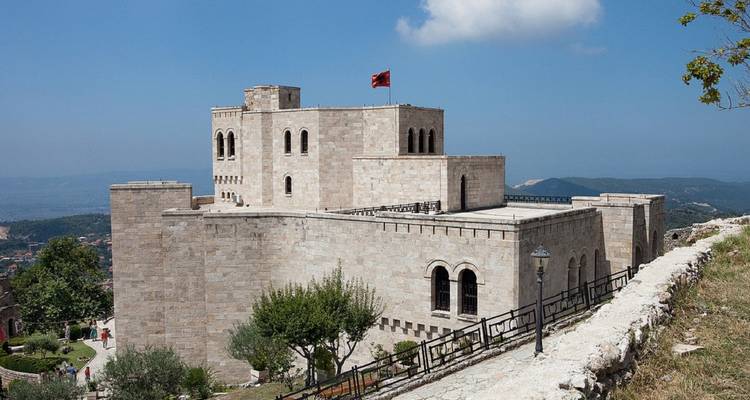 Kasteelachtige structuur met een vlag op de top