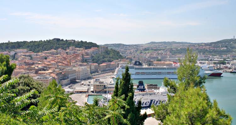 Uitzicht op een stad met een haven en cruiseschepen