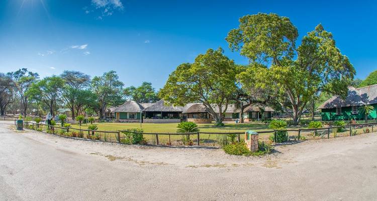 Eine Reihe von Hütten, umgeben von Bäumen und sonnigem Wetter.