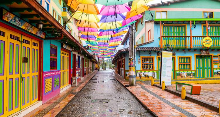 Rue colorée avec des parapluies suspendus.
