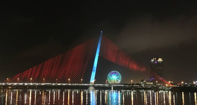 Lit-up bridge and Ferris wheel at night.