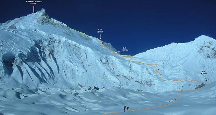 Schneebedeckter Berg mit markierter Kletterroute und zwei Bergsteigern.