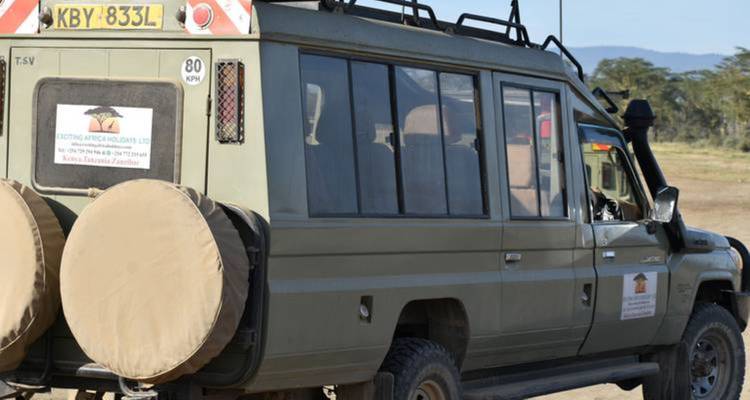 Safari voertuig geparkeerd op een zandweg in een savannegebied.