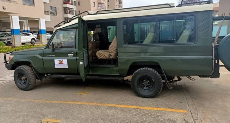 Zijaanzicht van een geparkeerd safarvoertuig.