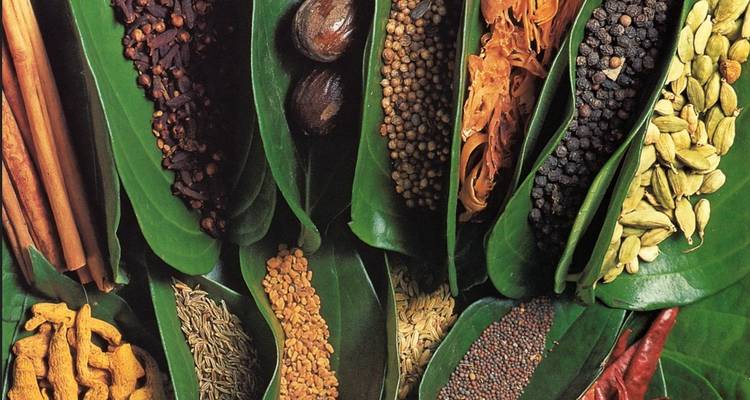 Surtido de especias coloridas exhibidas en hojas de plátano dobladas.