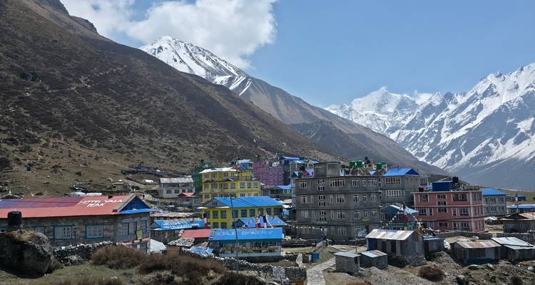Colorful high-altitude village nestled beneath snowy Himalayan slopes.