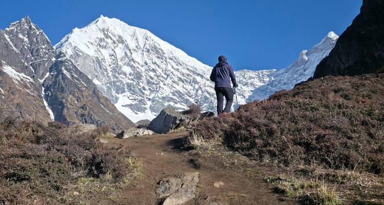 A hiker walks along an alpine path toward snow-covered peaks under cloudless sky.
