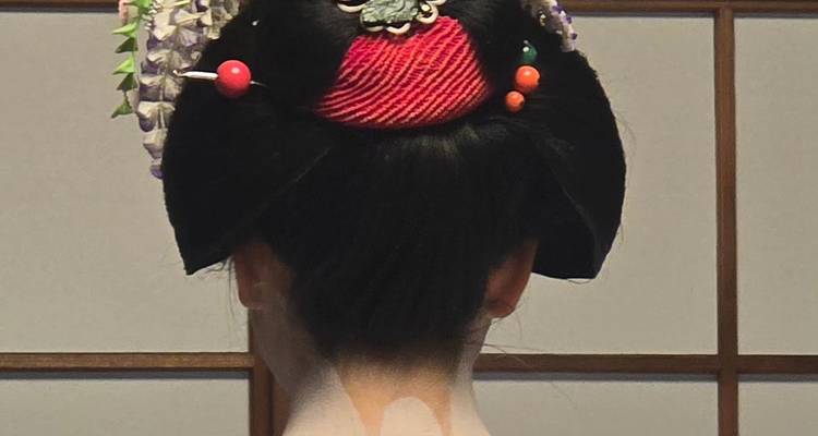 Vista trasera del elaborado peinado de una geisha y sus accesorios para el cabello contra una pantalla shoji.