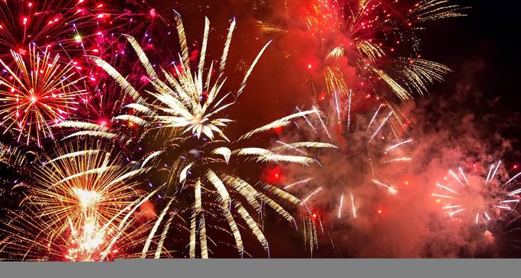 Colorful burst of fireworks lighting up the night sky with vibrant reds, golds and pinks.