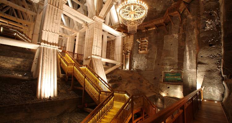 Interior of Wieliczka Salt Mine's wooden structure and stairs, similar to image 1830069.