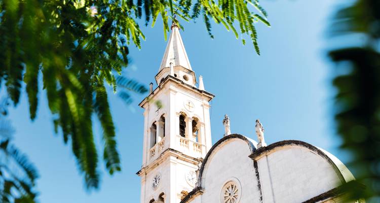 Clocher d'église blanche encadré par un feuillage vert se détachant sur un ciel bleu éclatant lors d'une journée ensoleillée.