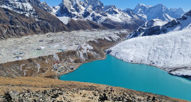 Lago de aguas turquesas a gran altitud rodeado de picos nevados del Himalaya con un pequeño asentamiento visible en la orilla.