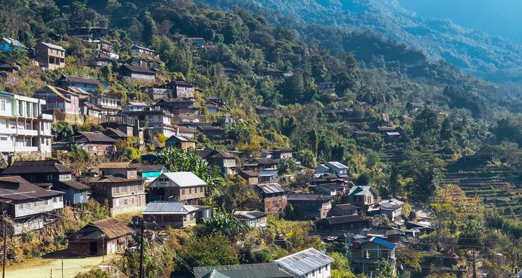 Häuser verstreut auf einem sonnenbeschienenen Hügel, umgeben von Bäumen.