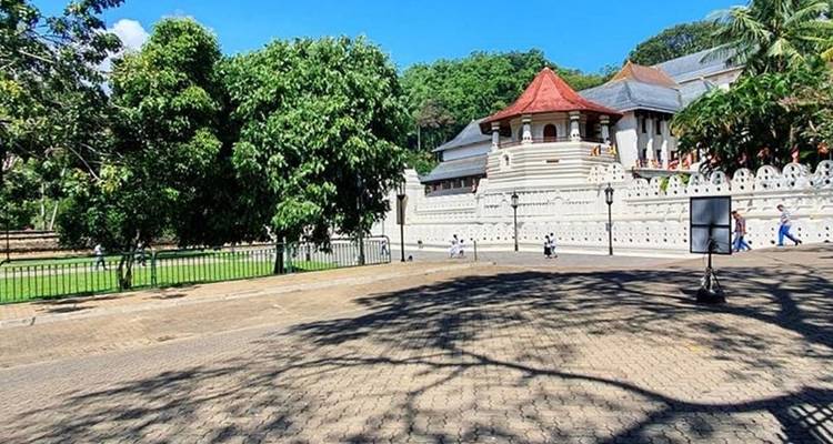 Tempel mit rotem Dach umgeben von üppigem Grün.