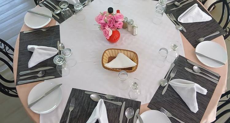 Formaler runder Esstisch ordentlich eingedeckt mit weißen Servietten, Tellern und Blumengesteck in Rosa.