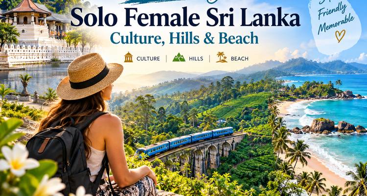 Werbegrafik einer alleinreisenden Frau, die einen Zug in Sri Lanka und die Küstenlinie überblickt.