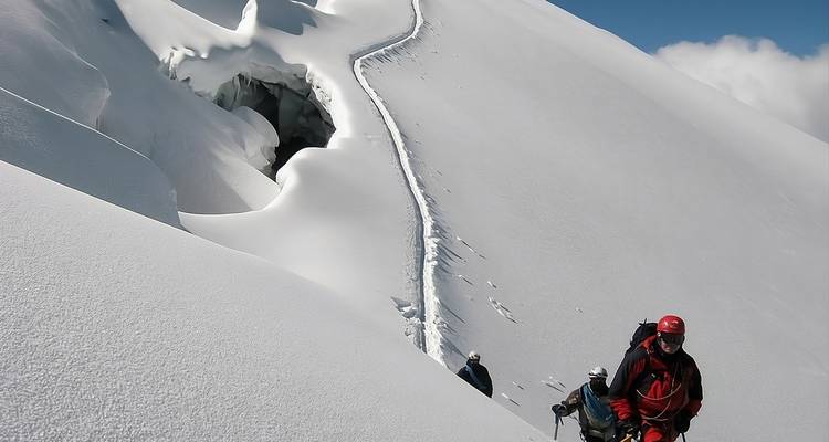 Des alpinistes gravissent une pente de neige immaculée en passant près d'une profonde crevasse sur le glacier du Chimborazo.