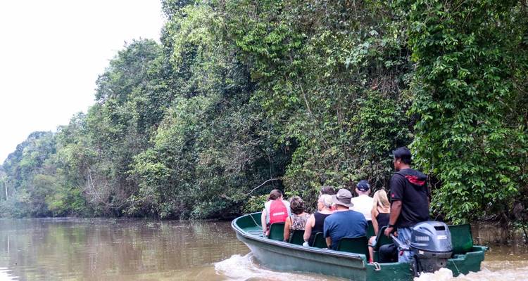 Un pequeño bote de motor lleva a los turistas por un río de la selva tropical lodoso rodeado de vegetación densa.