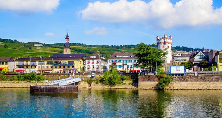 Ville riveraine colorée avec des tours et une petite tourelle de château blanc située face à des vignobles verts vallonnés.