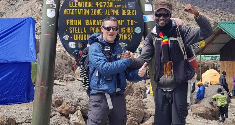 Dos personas paradas frente a un letrero que indica la elevación en un desierto alpino.