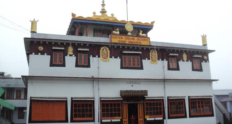 A Buddhist monastery with traditional architectural design.