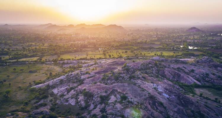 Rocky landscape at sunset.
