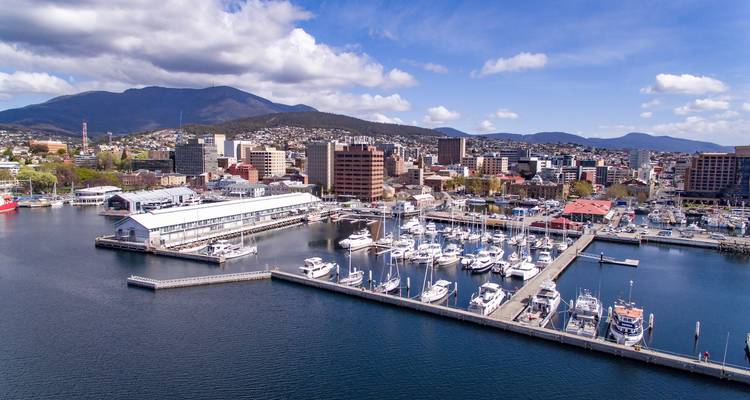 An aerial view of the harbor in Hobart, Australia.