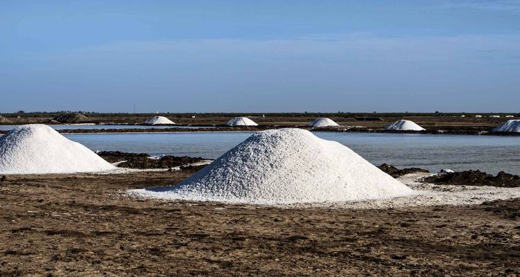 Monticules de sel près de plans d'eau, possiblement des salines.