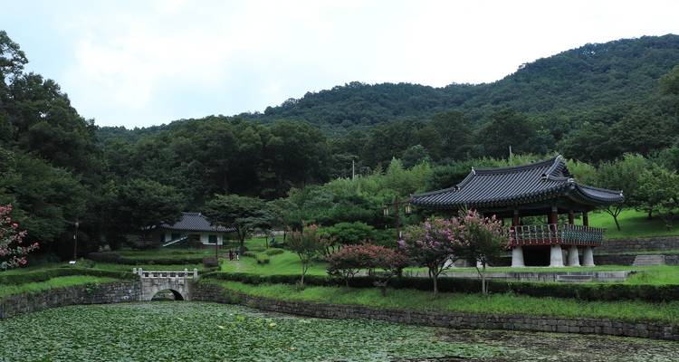 Traditioneller koreanischer Pavillon, umgeben von üppigem Grün und einem Teich.