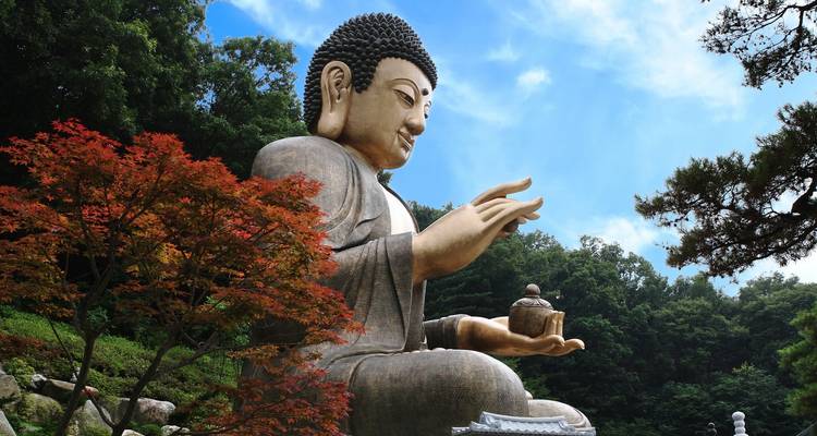 Große Buddha-Statue in einer ruhigen Außenumgebung.