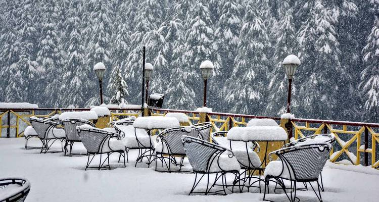 Schneebedeckte Terrasse mit Stühlen, umgeben von dichtem Wald.