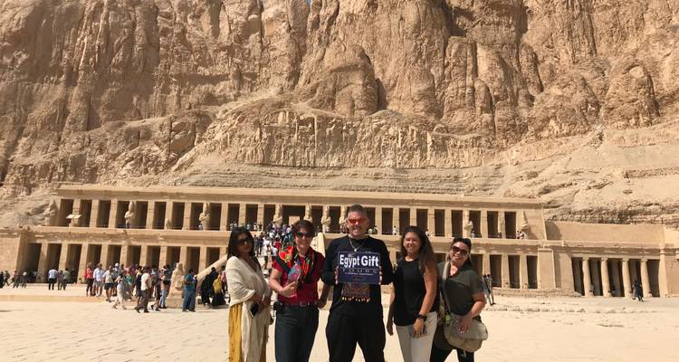 Group posing in front of the Mortuary Temple of Hatshepsut.