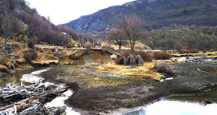 A river flowing through a landscape with dry trees and hills.