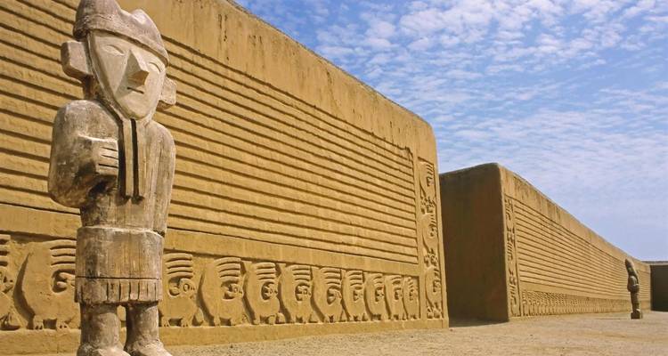 Adobe muren met ingewikkelde gravures en beelden op een archeologische vindplaats.