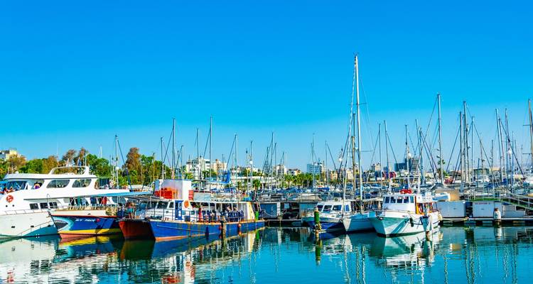 Colorful boats docked in a sunny marina.