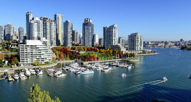 View of a marina with yachts, overlooking a modern urban skyline.