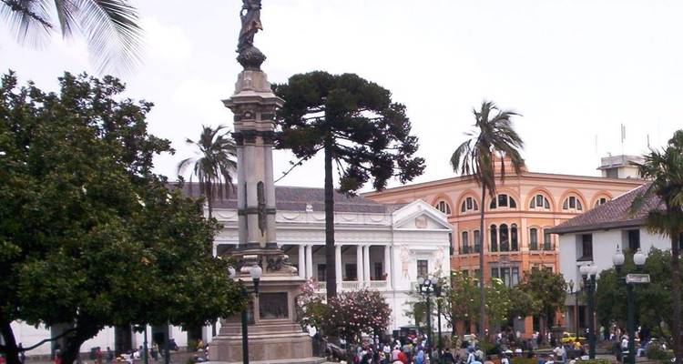 Historischer Platz mit einem Denkmal und Bäumen.