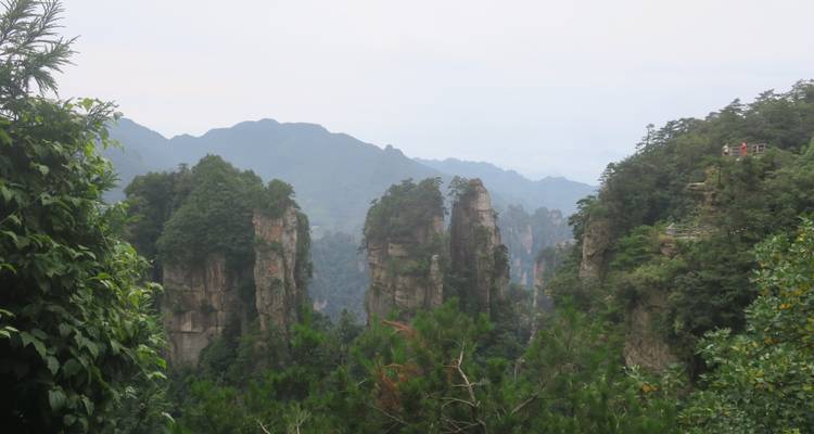 Hoge rotsformaties in een bebost landschap.