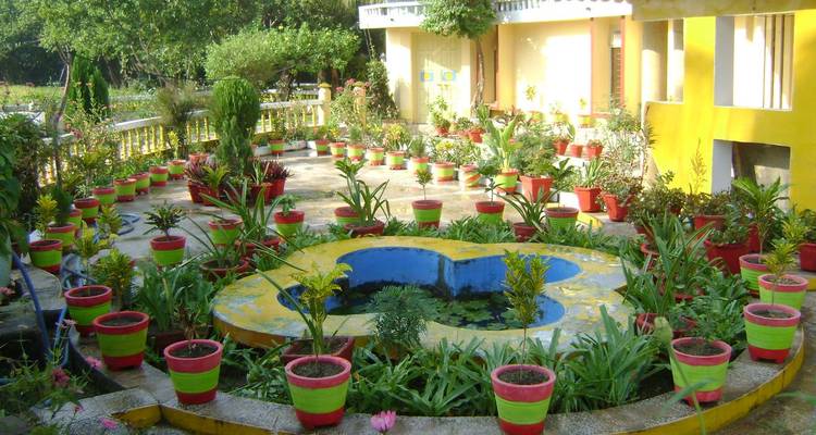 Une petite zone de jardin remplie de plantes en pot disposées autour d'un élément circulaire.