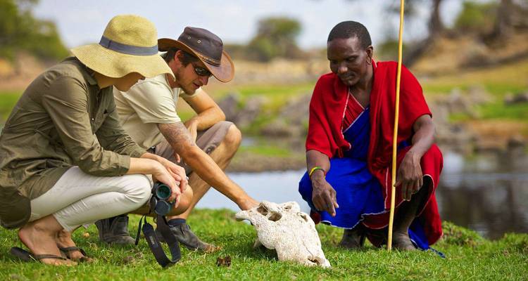 Deux voyageurs et un guide maasaï examinent un crâne d'animal sur un terrain herbeux au bord d'un étang.
