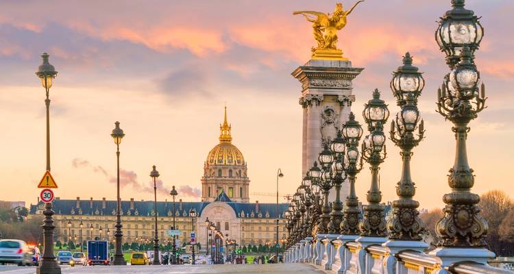 View from Pont Alexandre III towards Les Invalides in Paris.