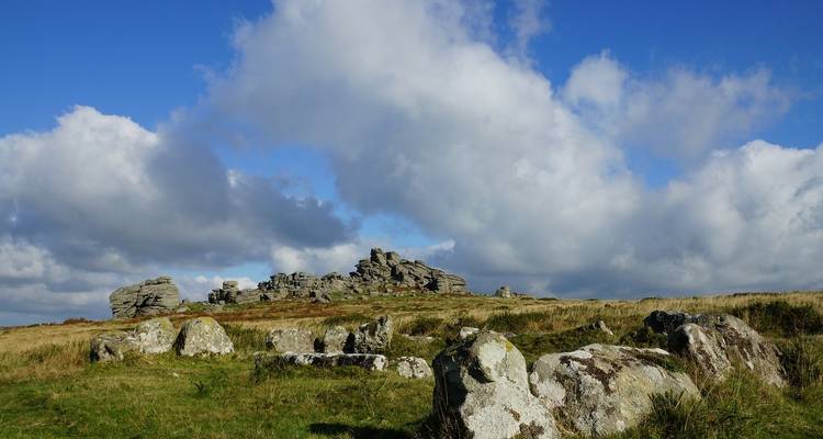 Dartmoor National Park landscape with rock formations.