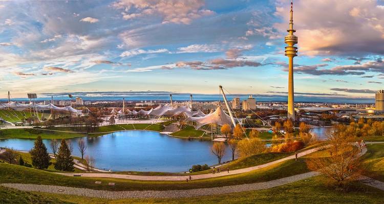Olympic Park with a tower and lake in Munich