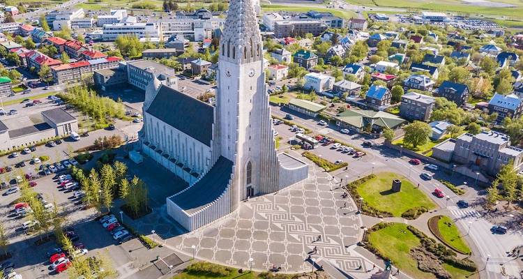 Aerial view of Hallgrímskirkja and surrounding area.