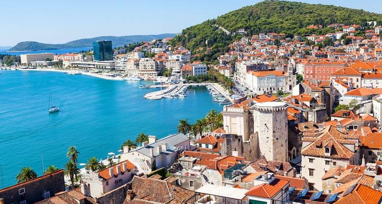 Panoramic view of Split, Croatia, showing the coastline and city buildings.
