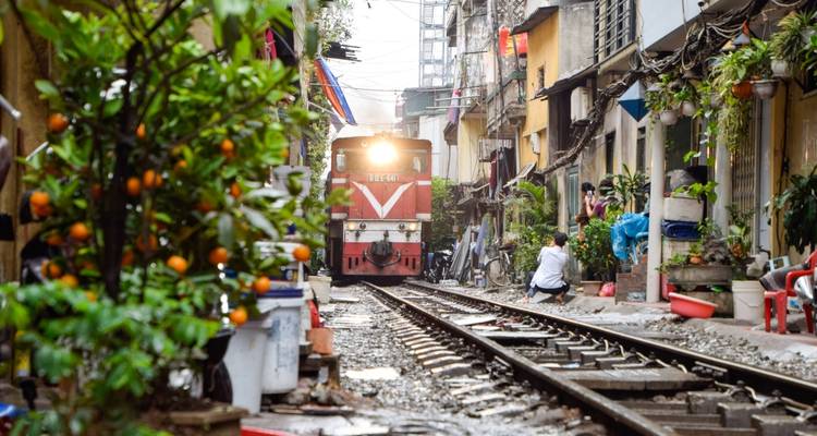 Train passing through a narrow alley with greenery and buildings.