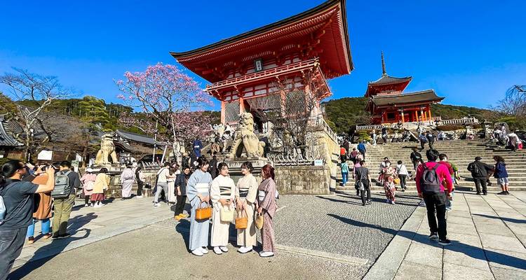 Besucher am Kiyomizu-dera-Tempel mit einer großen Pagode