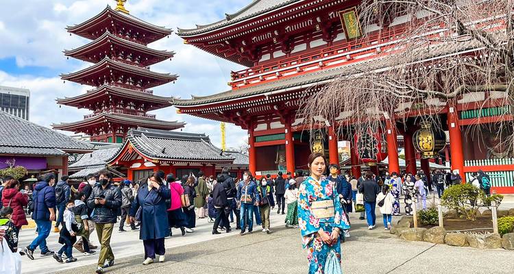 Menschen, die den Sensoji-Tempel besuchen, mit Pagode im Hintergrund