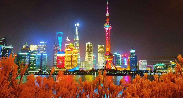 Skyline vibrant de Shanghai la nuit avec des gratte-ciel illuminés.